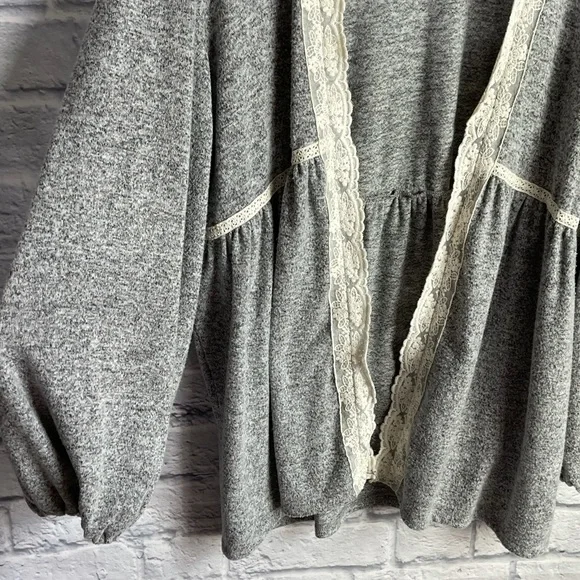 Knox Rose Women’s Gray Super Soft Cardigan Cream Lace Trim Opening Size X-Large - Picture 4 of 8